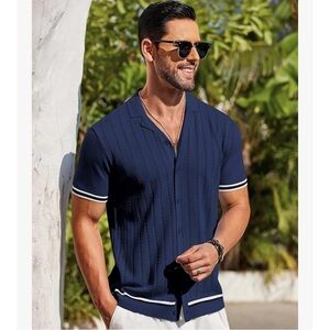 Coofandy Men Navy Button Up Knit Shirt Large NWOT Preppy Summer Coastal Resort